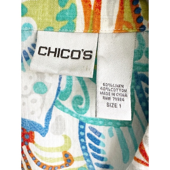 Chico’s Linen Blend Tunic Top Size 1 (Medium) Tropical Print Button Front Resort - Picture 6 of 7